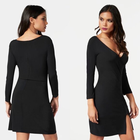 EXPRESS 3/4 Sleeve Zipper Front Faux Wrap Jersey Dress Black Size Large - Picture 9 of 9